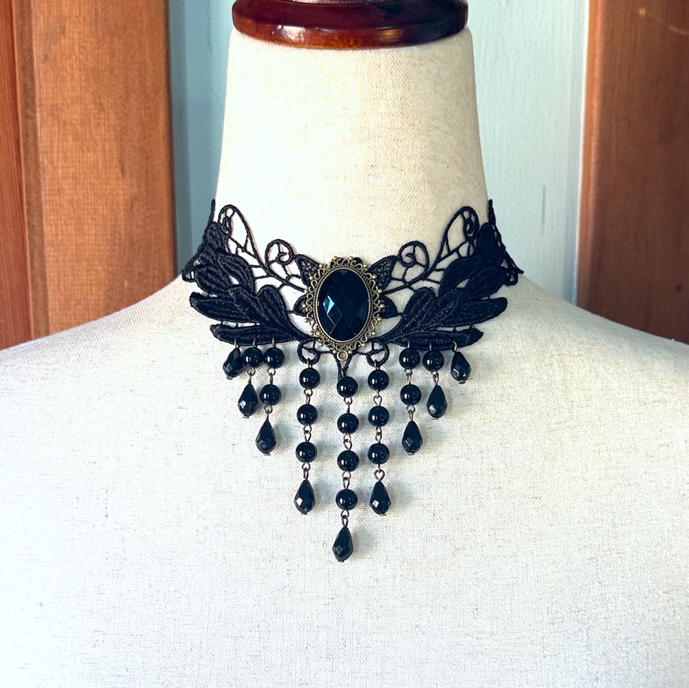 Gothic Victorian Vampire Whimsigoth Vkei Black Lace Teardrop Choker Necklace